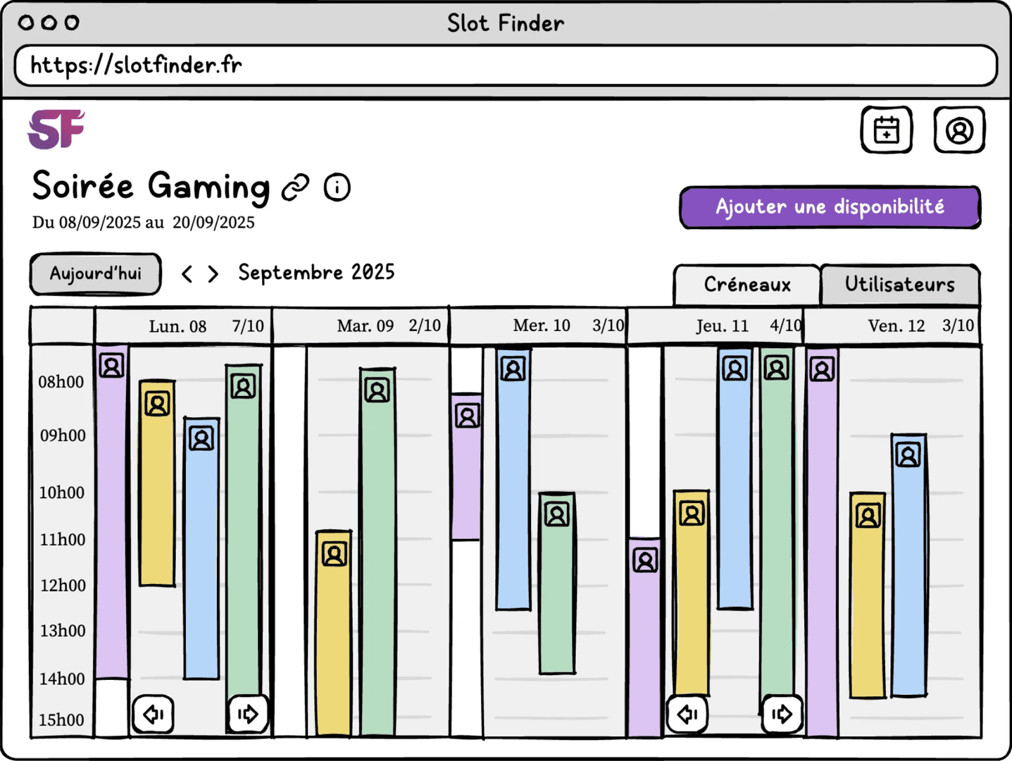 Slot Finder interface: an interactive calendar showing everyone's availability